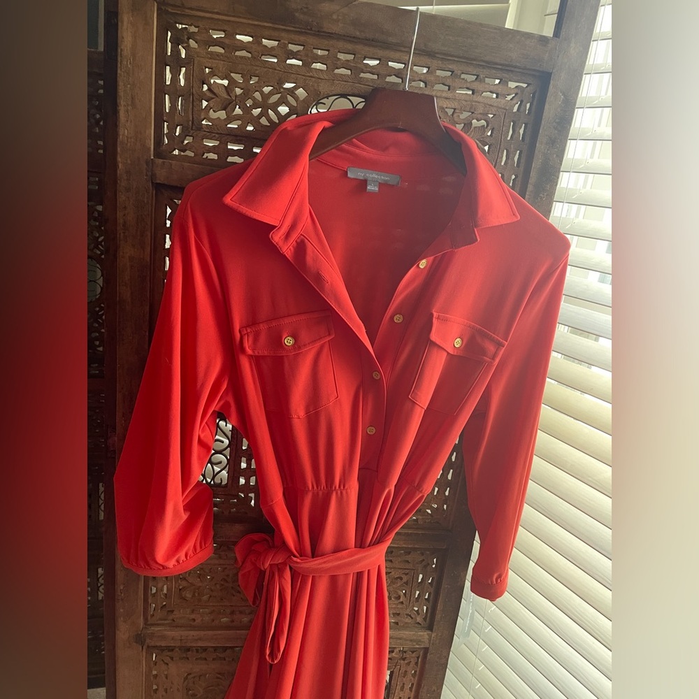 NY Collection Orange Tie-Waist Shirt Dress-NWT
